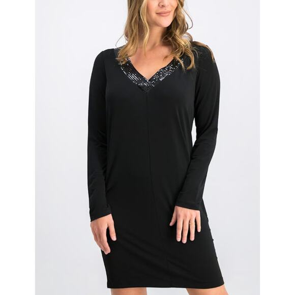 Calvin Klein Gray Sequins Long Sleeve Jersey Cocktail Dress WMNS Plus 16W V-Neck - Picture 1 of 9
